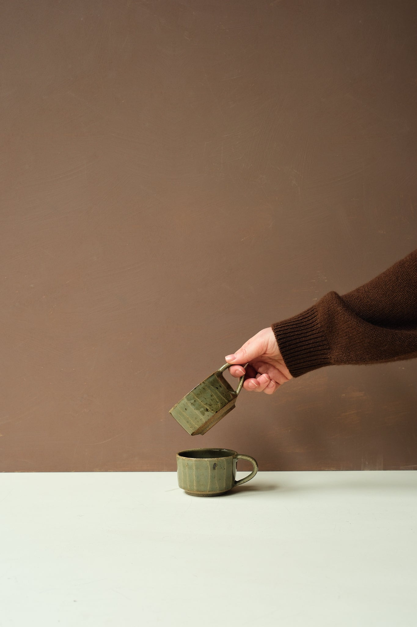 Green Glaze Carved Coffee Cup