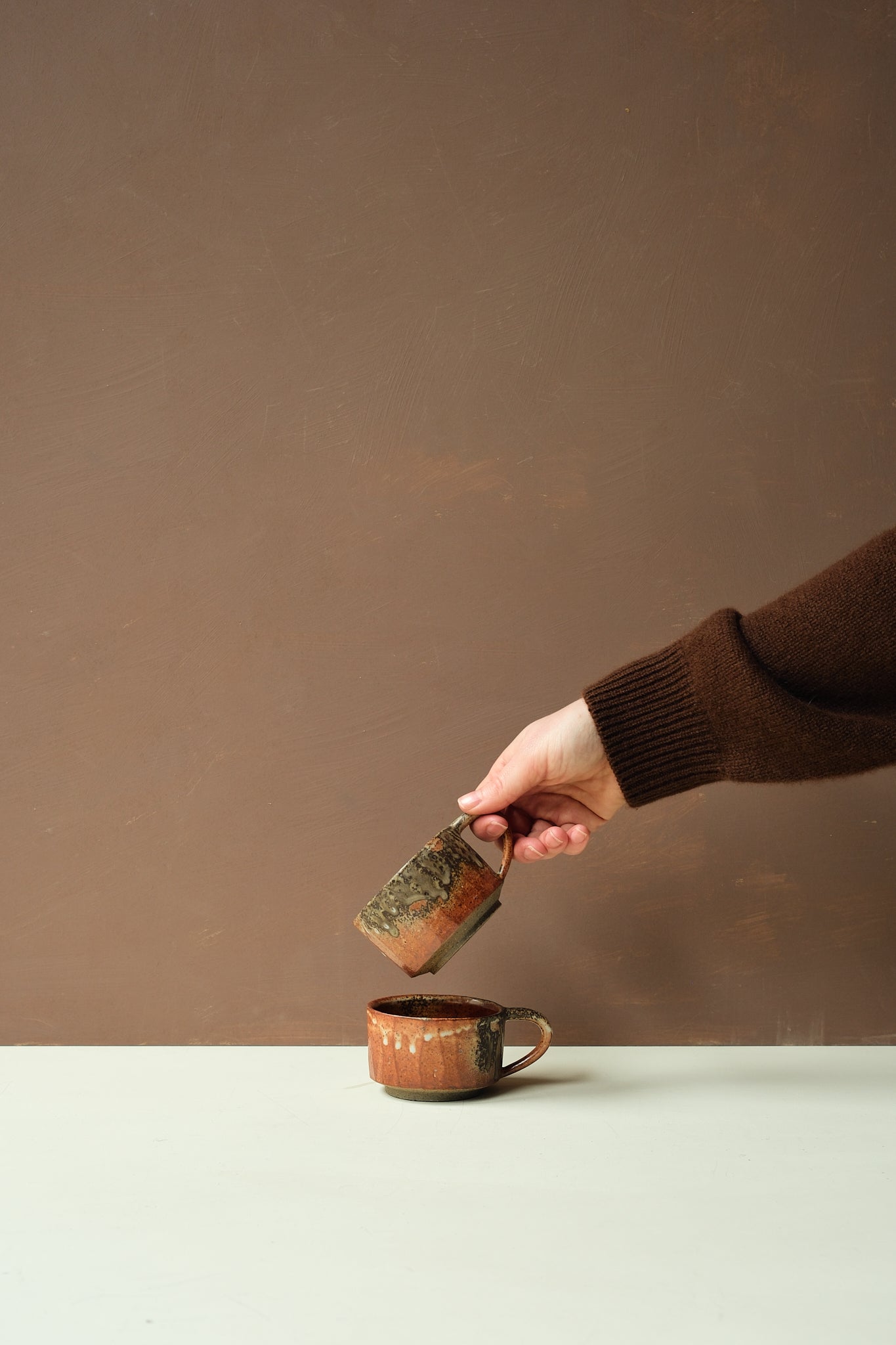 Ash & Shino Glaze Carved Coffee Cup