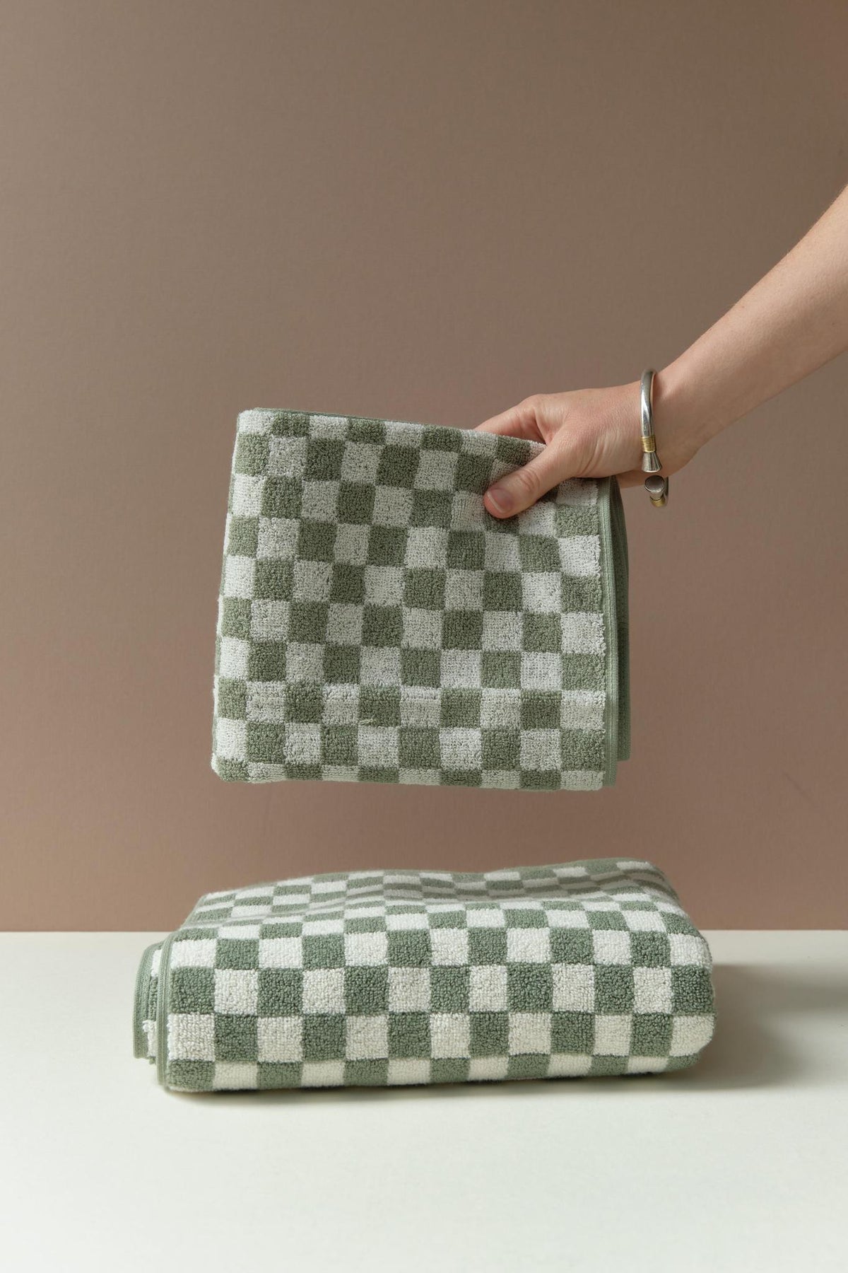 Patterned Cotton Towels & Mats in Sage Check by Baina