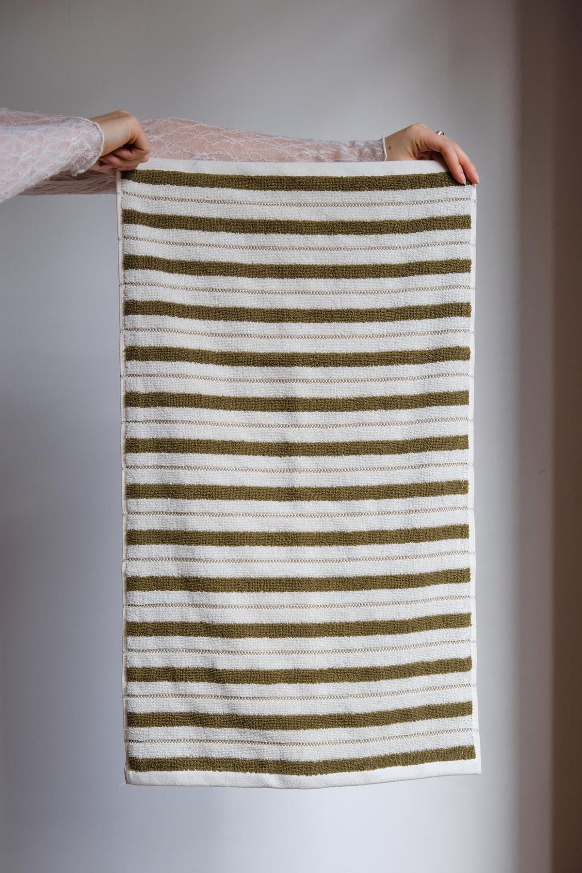 Patterned Cotton Towels & Mats in Olive Stripe by Baina
