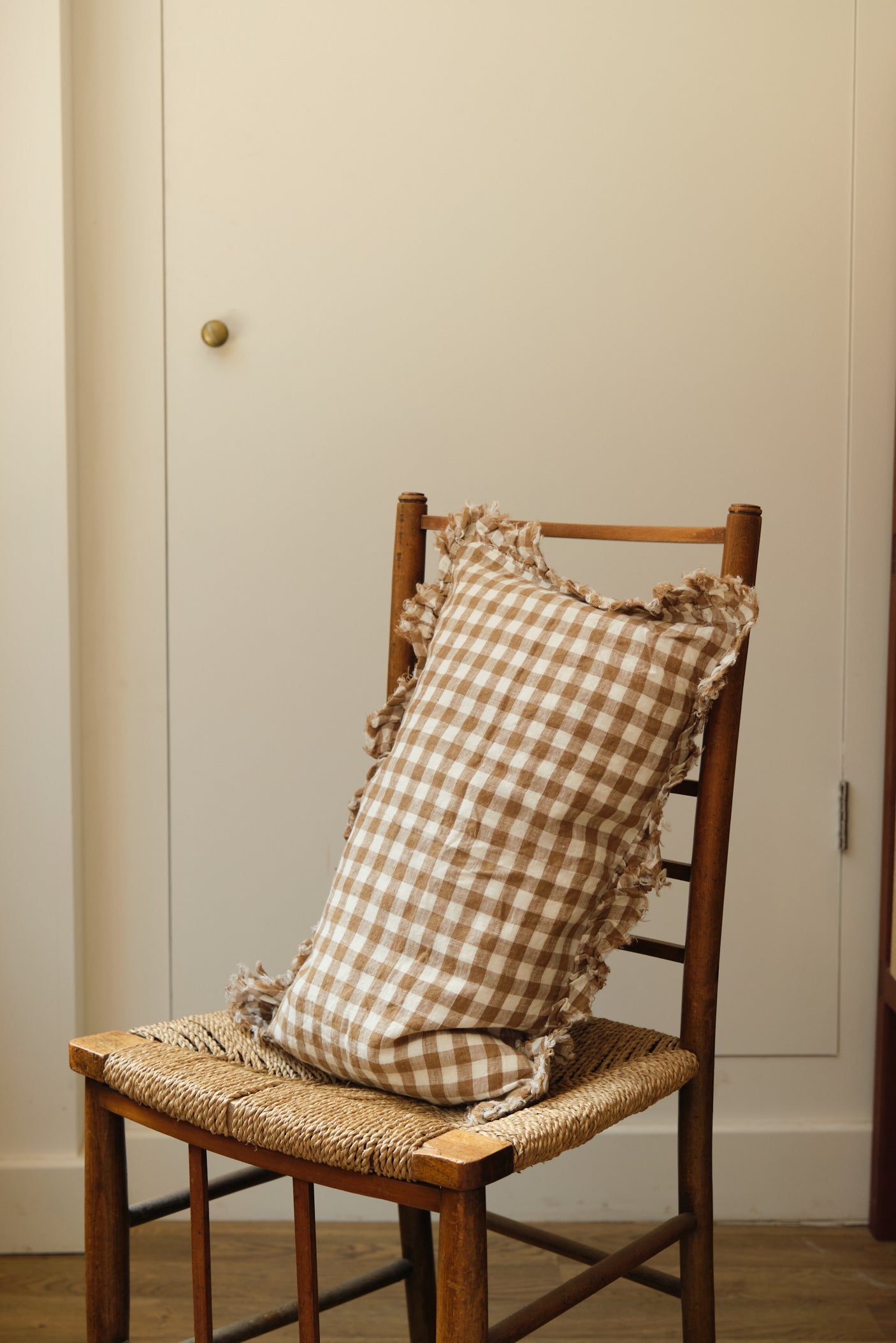 Brown Gingham Ruffle Cushion