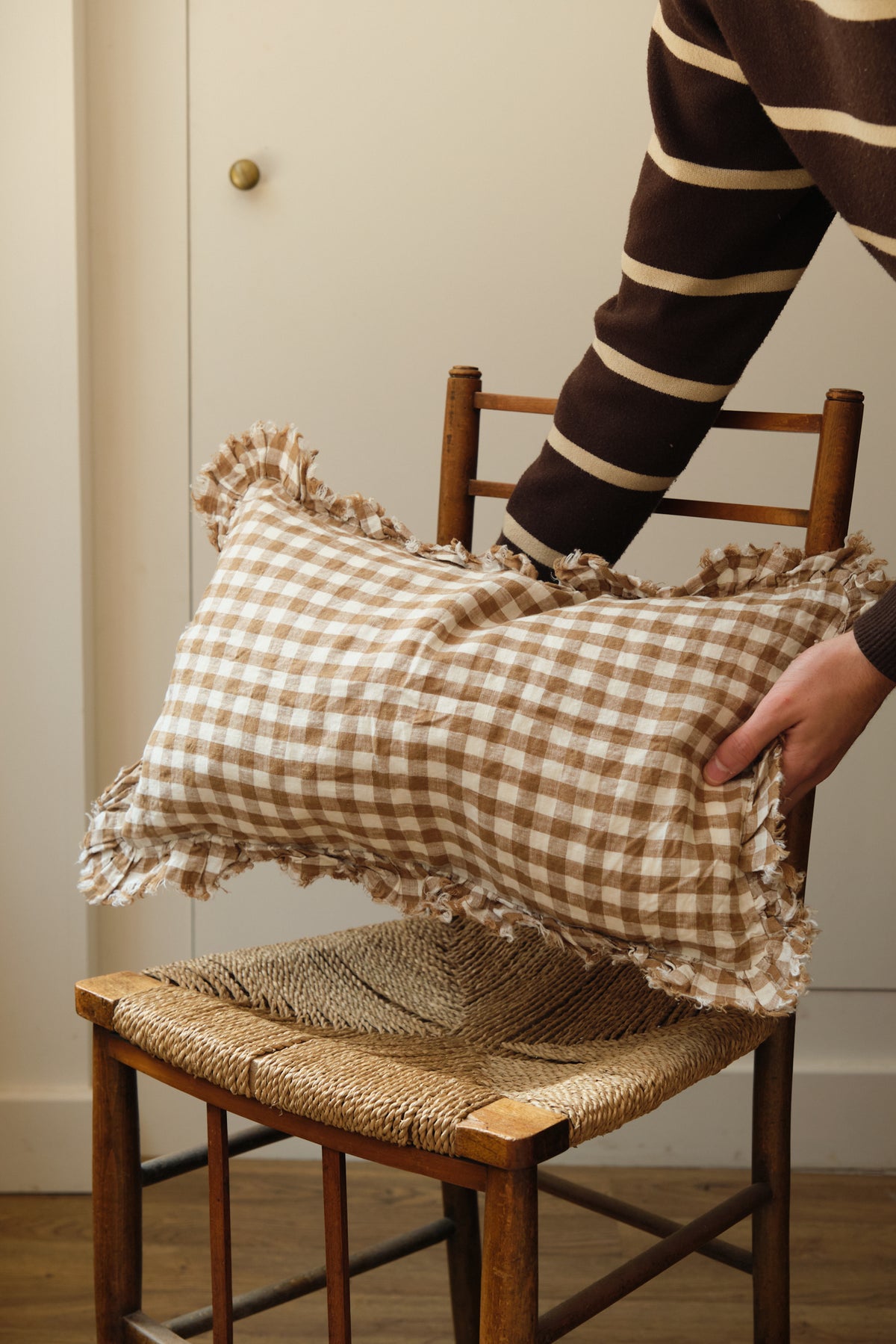 Brown Gingham Ruffle Cushion