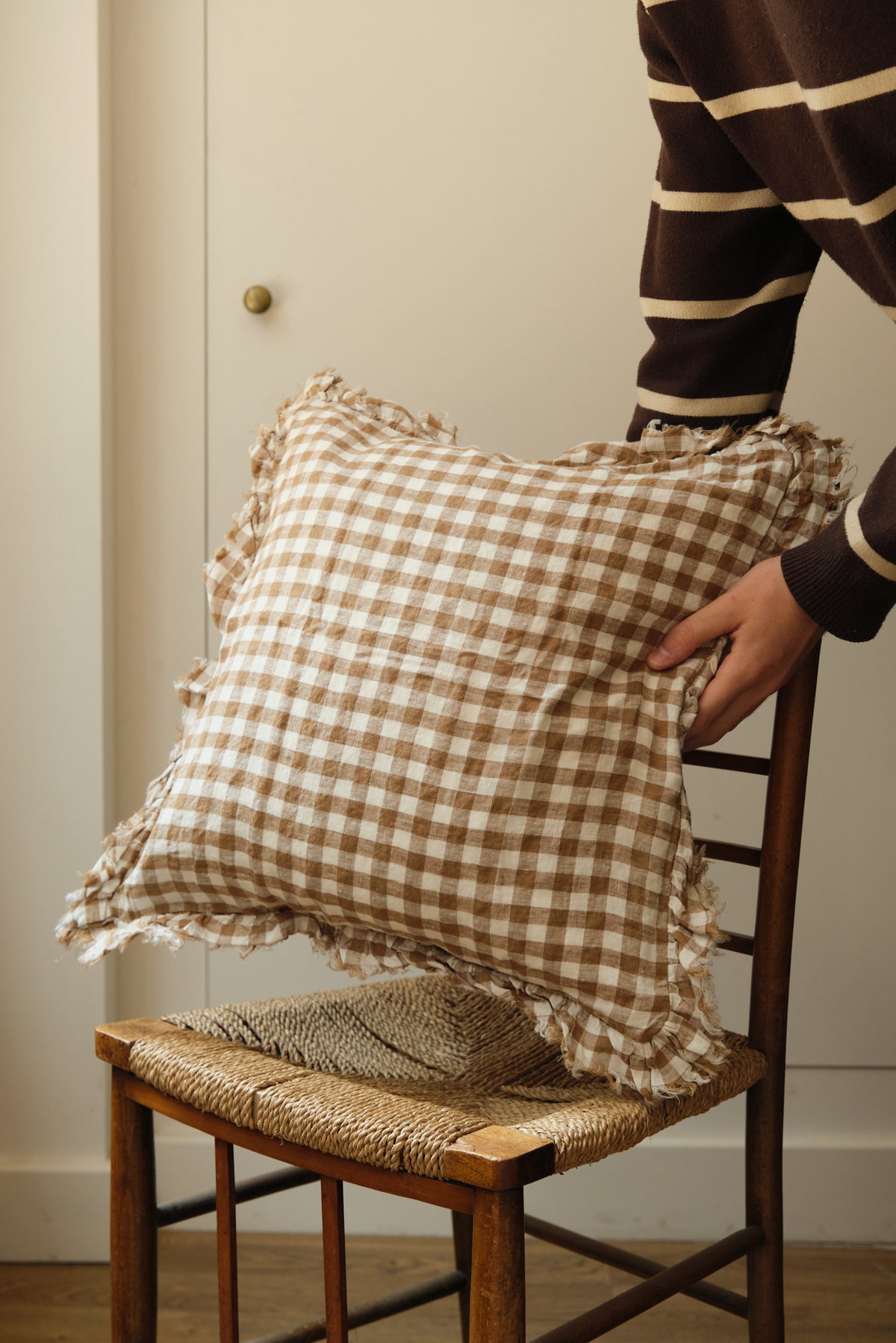 Brown Gingham Ruffle Cushion