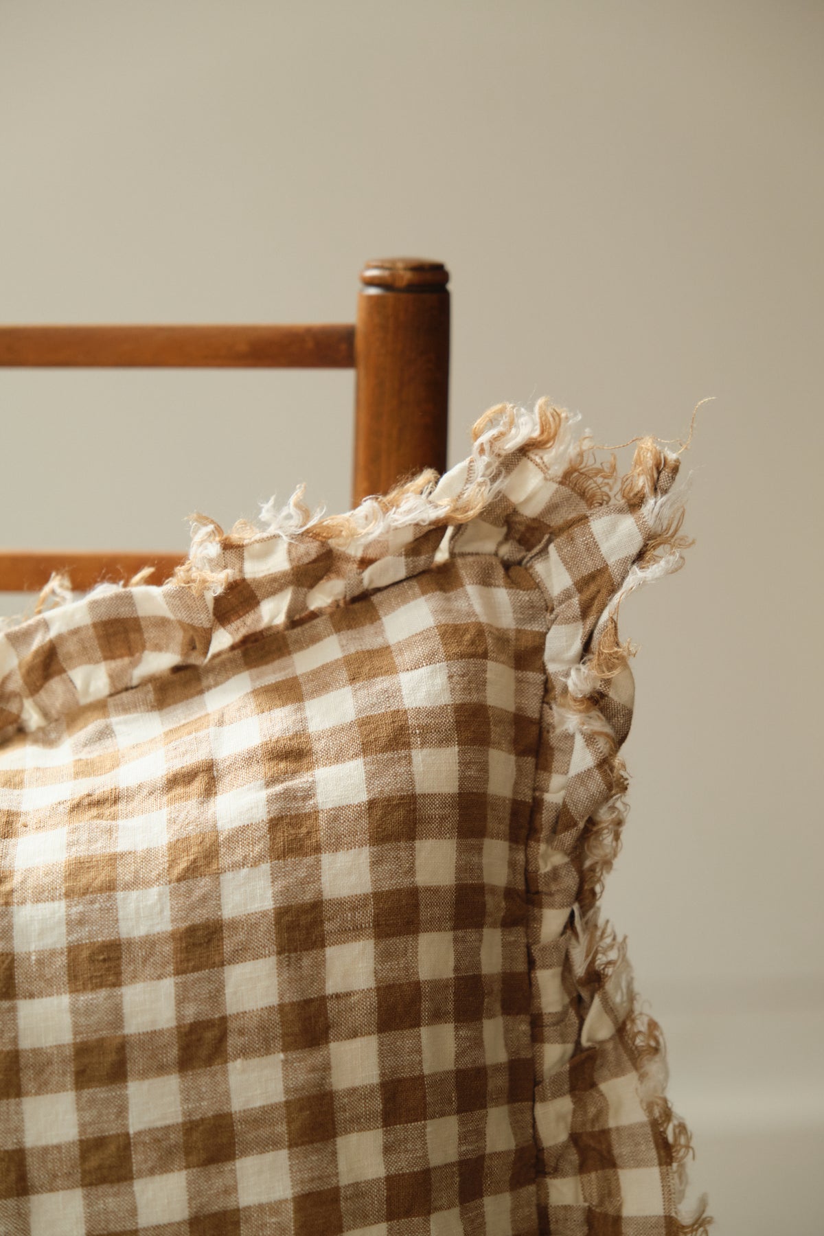 Brown Gingham Ruffle Cushion