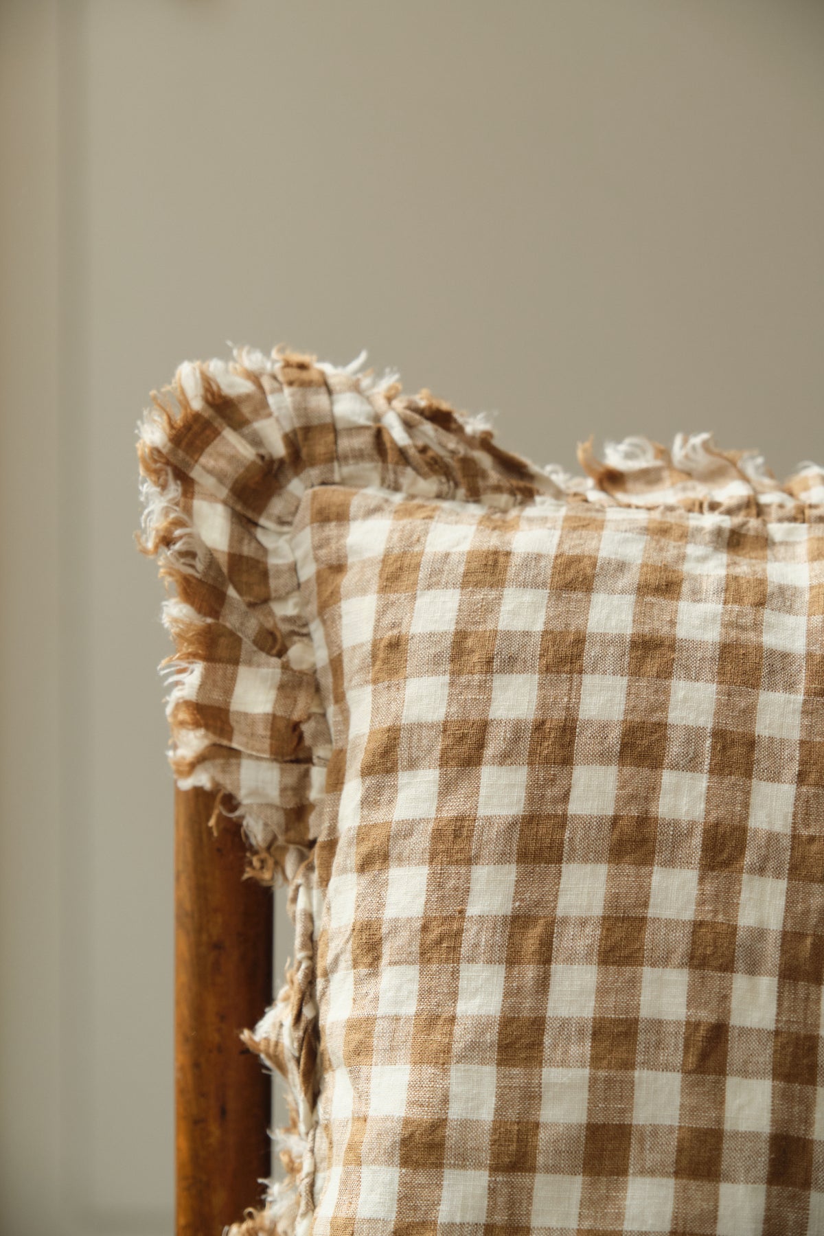 Brown Gingham Ruffle Cushion