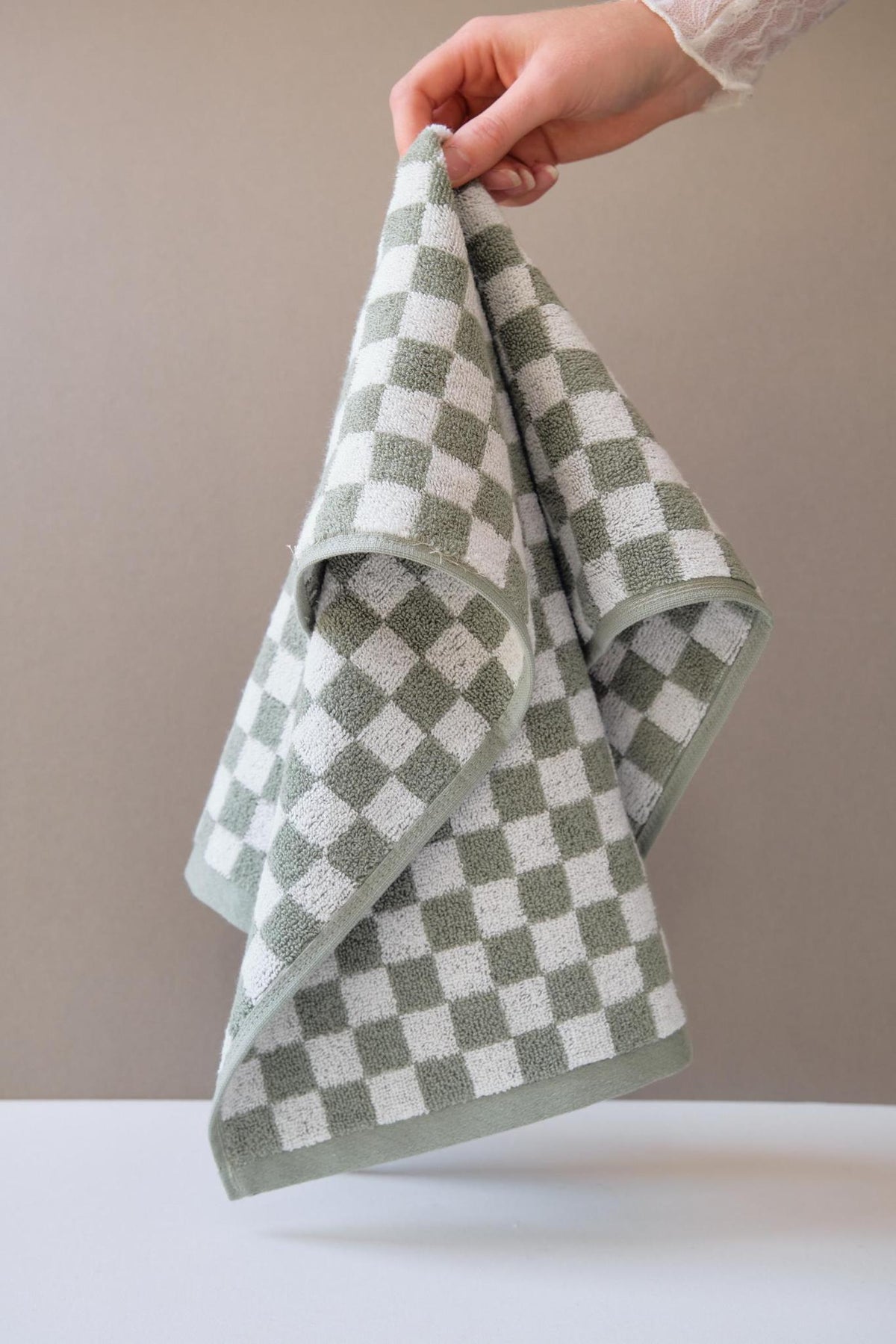 Patterned Cotton Towels & Mats in Sage Check by Baina