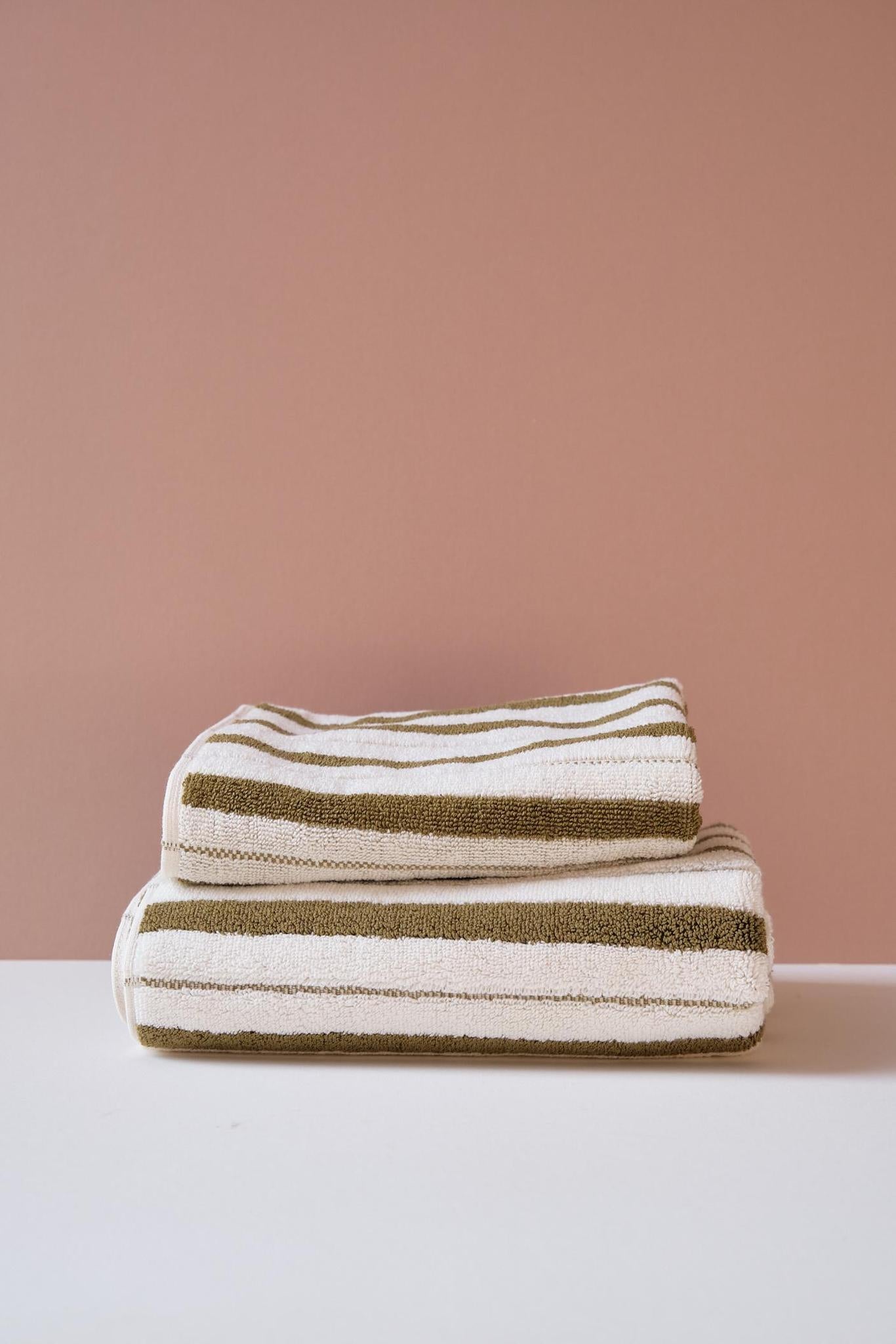 Patterned Cotton Towels & Mats in Olive Stripe by Baina