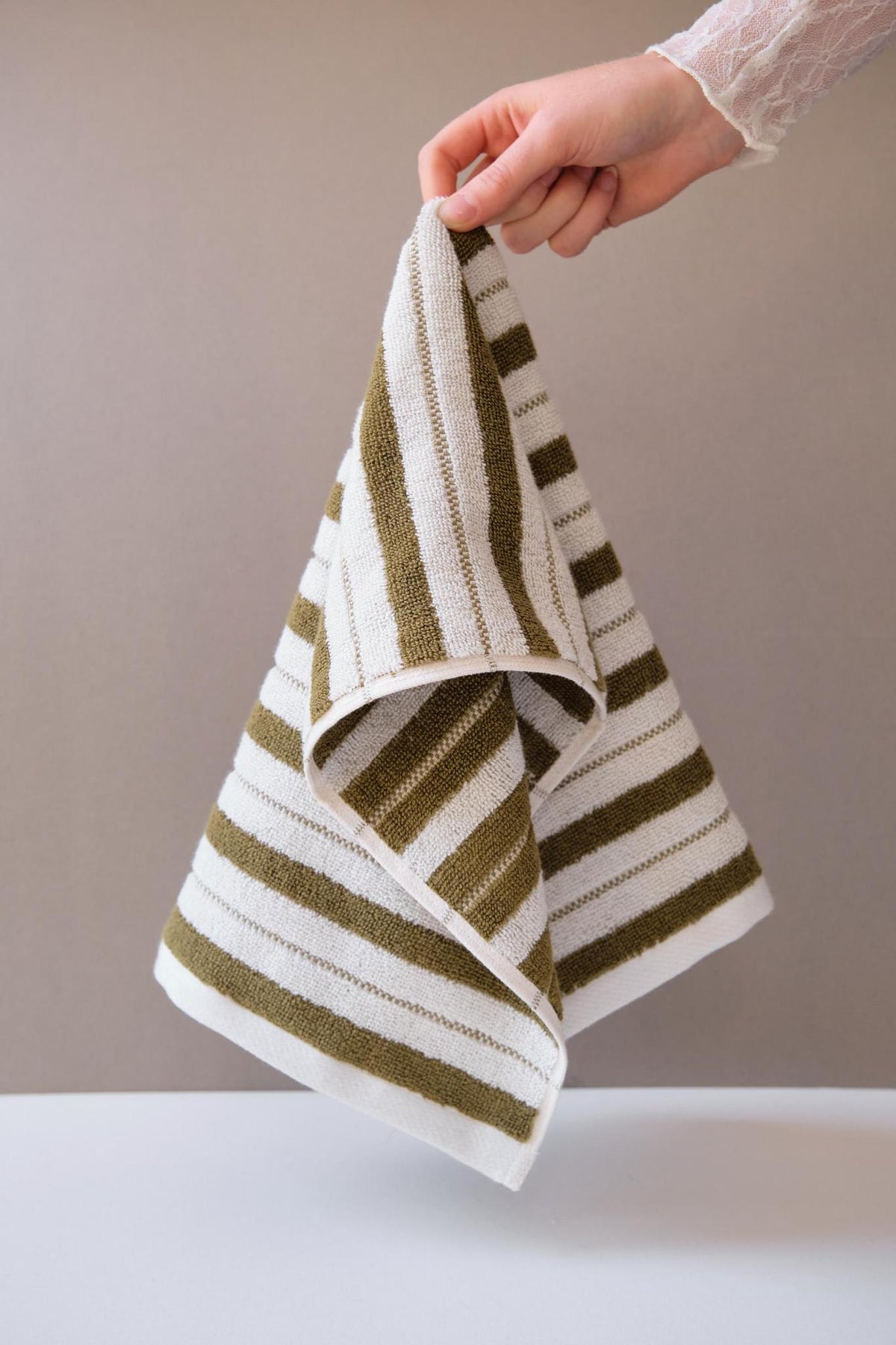 Patterned Cotton Towels & Mats in Olive Stripe by Baina