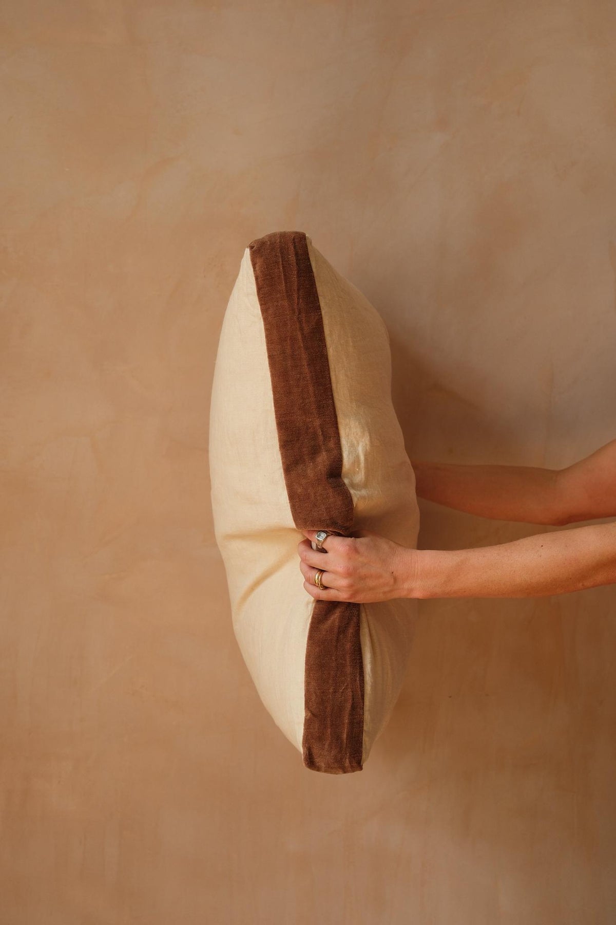 Ecru & Cinnamon Velvet Border Cushion by Pomax