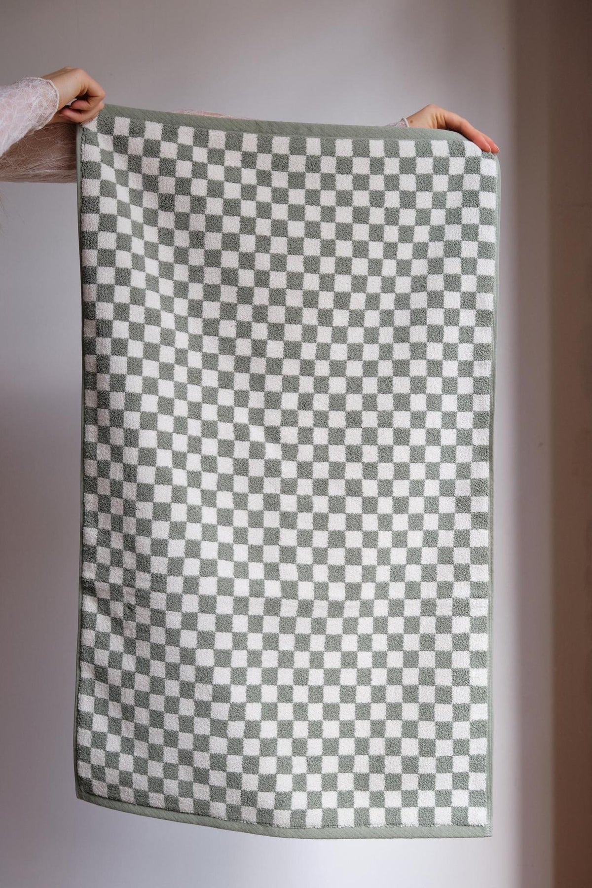 Patterned Cotton Towels & Mats in Sage Check by Baina