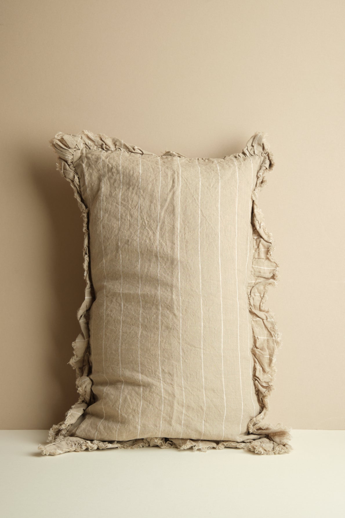 Beige Stripe Linen Cushion Cover with Ruffle 50 x 30